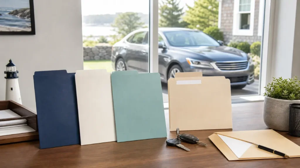 Clean car visible from a New England office with folders and duplicate-title paperwork on a desk.