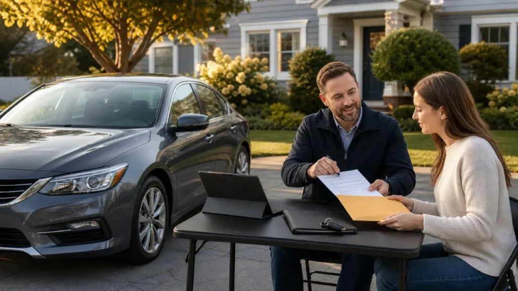 Seller and buyer representative reviewing loan payoff paperwork beside a clean sedan in a driveway.