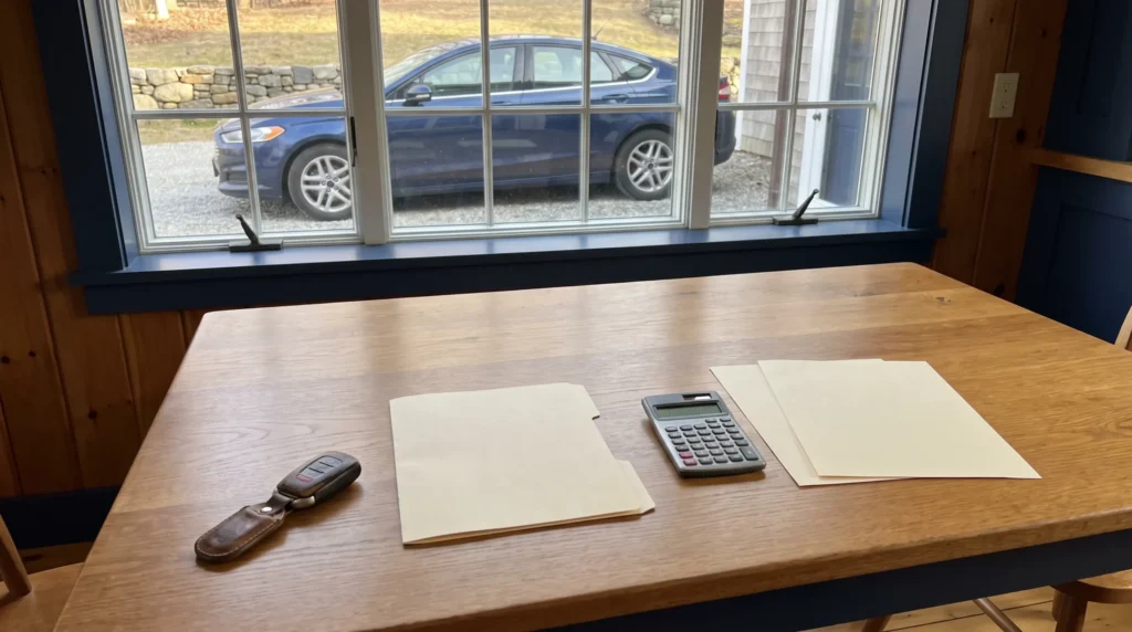 Car keys, a calculator, and a document folder on a table with a clean sedan parked outside