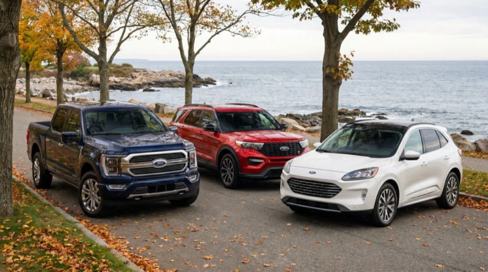 Blue Ford pickup and SUVs parked near the New England coast