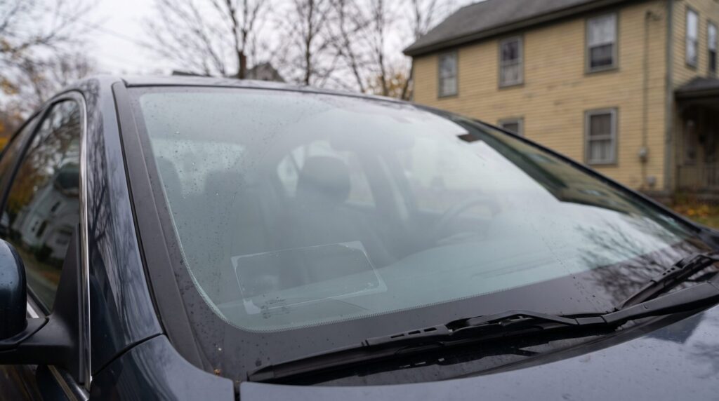 Windshield corner where a Massachusetts inspection sticker sits