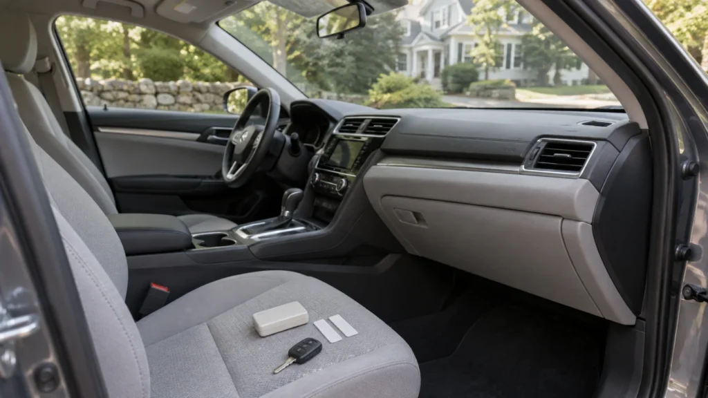 A removable toll transponder, fastening strips and car key on the passenger seat of a parked sedan