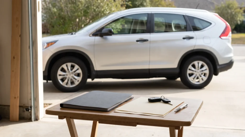 Car keys and a document folder on a table beside a silver crossover in a private driveway.