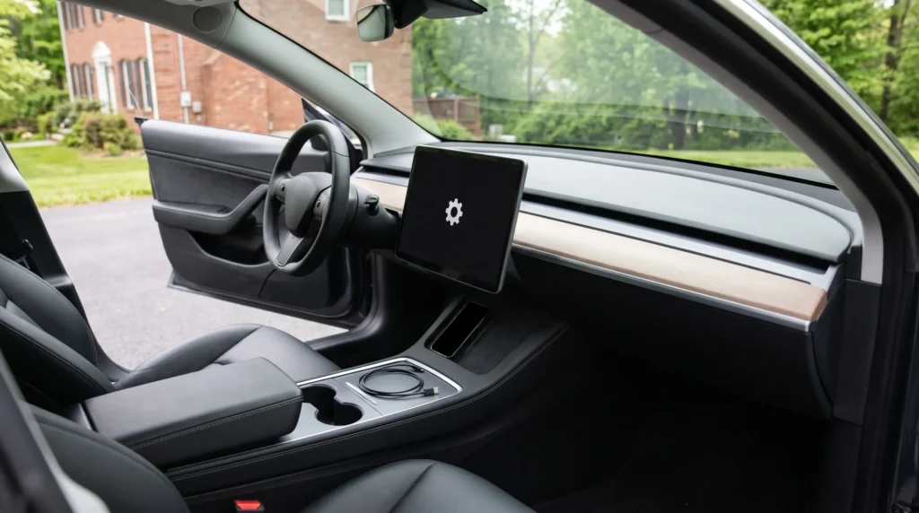 Parked car interior with an infotainment gear icon, smartphone, and loose USB cable