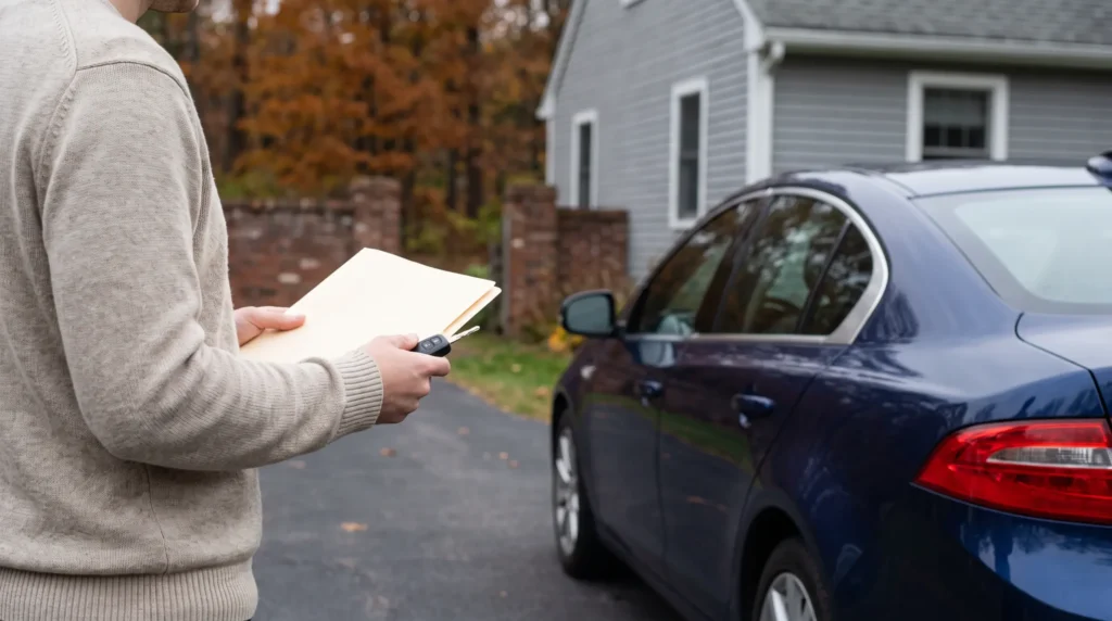 Owner holding a folder and car key beside a blue sedan parked in a private driveway.
