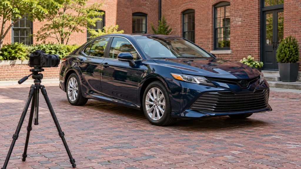 Camera on a tripod positioned to photograph a blue sedan