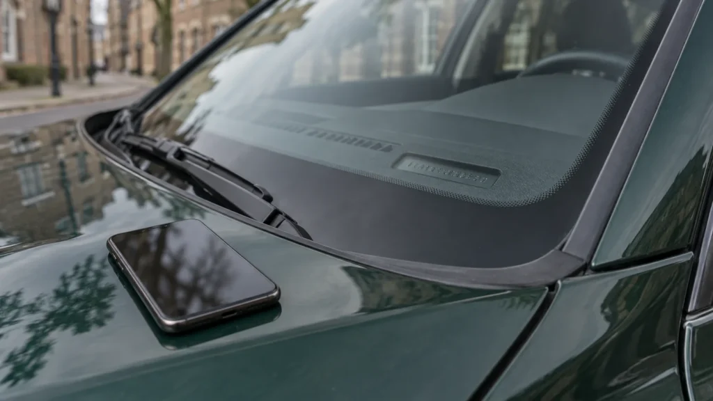 Close-up of a car windshield VIN plate with a smartphone resting on the hood
