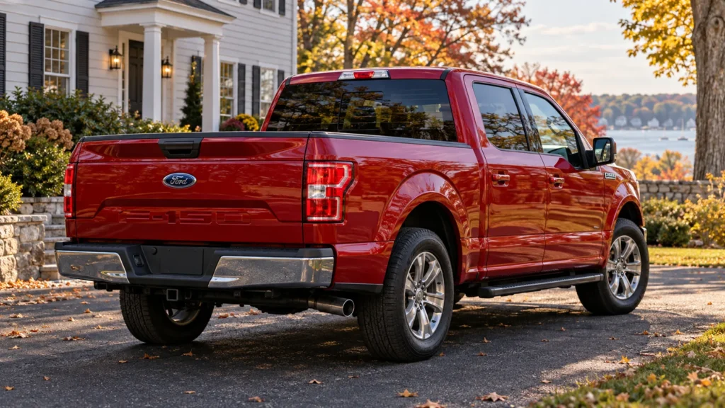 Red Ford pickup parked on a residential driveway in autumn