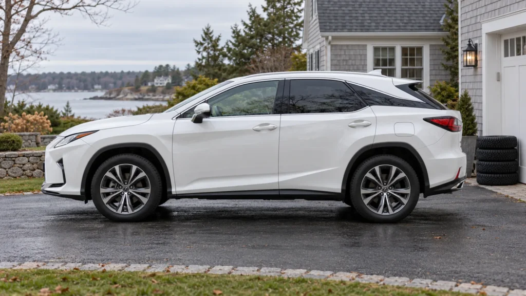White Lexus SUV beside a garage with a stack of spare tires