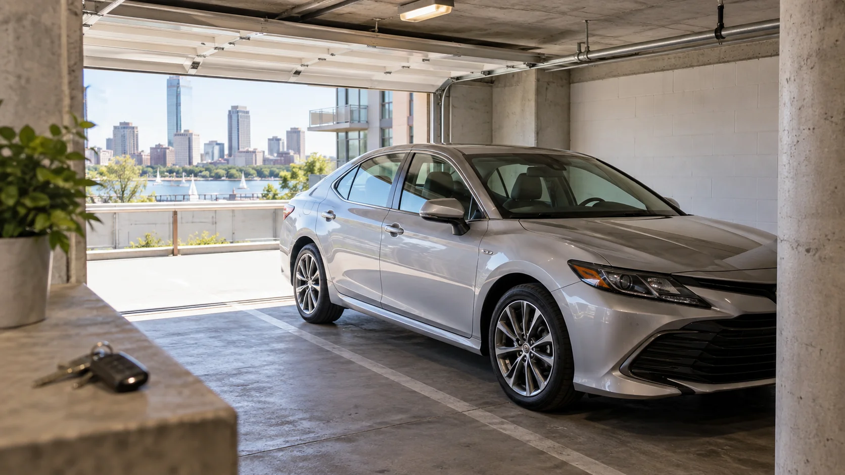 Well-maintained sedan in a residential condo garage before a Boston or Cambridge car sale