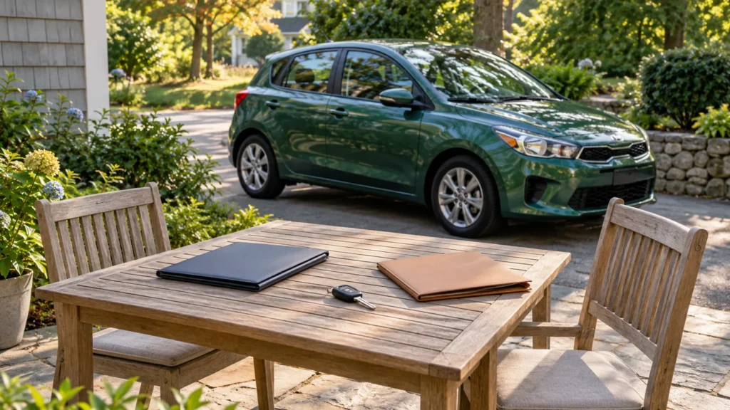 Two folders and a car key on a patio table with a green hatchback behind it