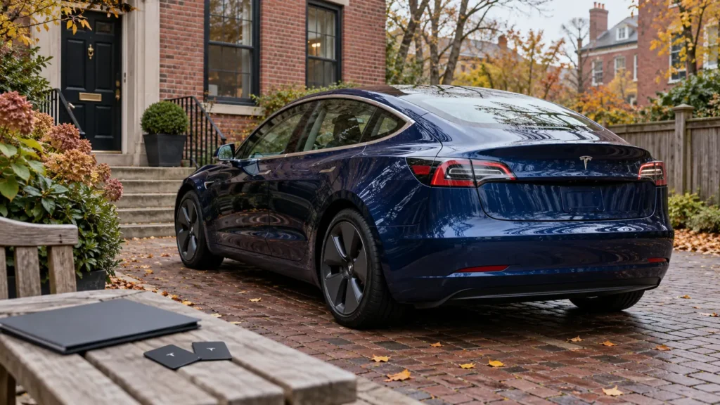 Blue Tesla parked beside a brick home with a document folder and key cards in the foreground