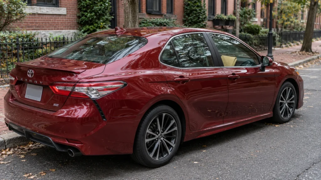 Red Toyota Camry parked beside brick homes in Cambridge, Massachusetts